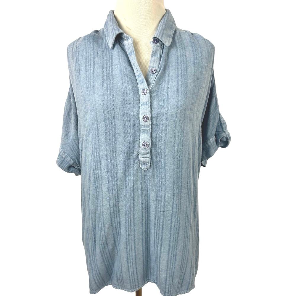 Chico’s Blue Chambray Look Textured Oversized Shirt Dolman Sleeve Size XL